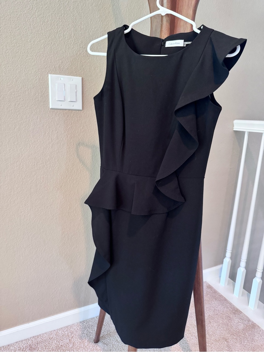 Calvin Klein Black Sleeveless Ruffle Peplum Midi Dress